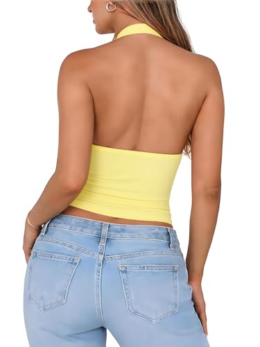 ForeFair Women Sexy Halter Neck Backless Going Out Crop Tank Top Deep V Neck Open Back Sleeveless Slim Fit Y2k Summer Tops - color: Light Yellow, size: X-Small