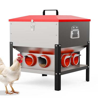 75LB Large Automatic Chicken Feeder with 8 Ports, Dual No Waste Design Metal Chicken Feeders with Locking Lid & Riveted Handles- Waterproof Poultry Feeder for Chickens, Ducks, Geese - size: 8 Ports