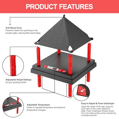 Chick Brooder Heating Plate with Anti Stand Cone, Adjustable Height Brooder Heater for Chicks, Downward Heat Distribution for Outdoor Barns & Coops (10" x 10" with Temp. Adjustments & Black) - size: 10" x 10" with Temp. Adjustments