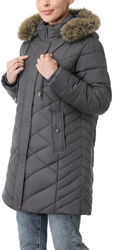 Women's Long Warm Winter Coat Windproof Thickened Fleece Lined Down Jacket Waterproof Puffer Outerwear with Removable Hood - color: Darkgrey, size: X-Large