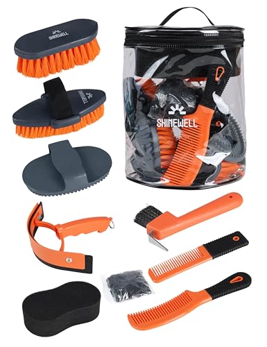 Shinewell Horse Grooming Kit, Complete Horse Brush Set, Equine Grooming Tools for Shedding & Daily Care Orange - color: Orange