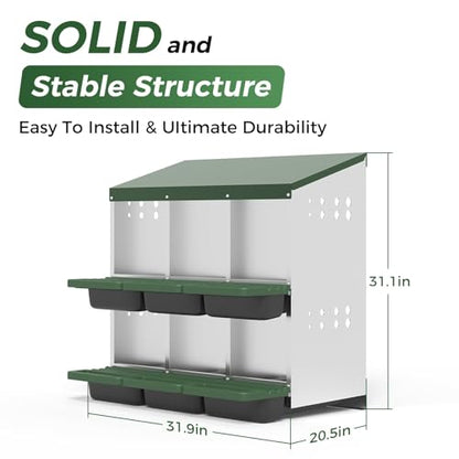 Heavy Duty Galvanized Steel Chicken Nesting Box – 6 Holes, Roll Away Egg Laying, Protective Lid, Wall Mounted or Freestanding, Easy Clean, Vented Pegboard Sides, Soft Mats, Green (Pegboard - color: Green, size: 6 Room&Mat Board
