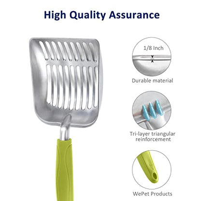 WePet Cat Litter Scoop, Aluminum Alloy Sifter, Kitty Metal Scooper, Deep Shovel, Long Handle, Poop Sifting, Kitten Pooper Lifter, Durable, Heavy Duty, for Litter Box - color: FLAT Aluminum \ #03 Green Handle, size: Small