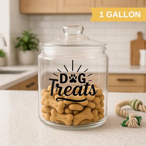 kitchentoolz 1-Gallon Glass Dog Treat Container Airtight – Large Countertop Dog Cookie Jar with Lid for Dog Treat Storage, Decorative Treat Jar & Dachshund Accessories - size: 1 Gallon