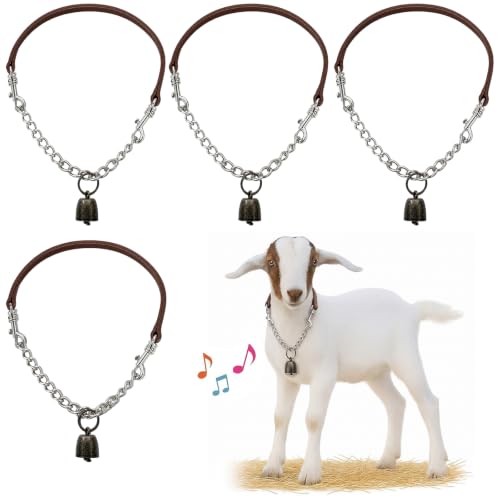 Misdary 4 Pack Goat Collars with Bells, Adjustable Iron Goat Chain Halter 14''-24'' Long for Sheep Horse Dog Cow Calf Farm Animal Supplies Accessories Animal Lovers Gift (Brown)