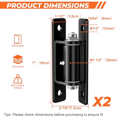 7" Heavy Duty Gate Hinges, 2 Pack High Strength Steel Wall Mount Gate Hinge 1100LBs Load Capacity, Black Gate Hinges for Metal Fence Farm Wood Gates