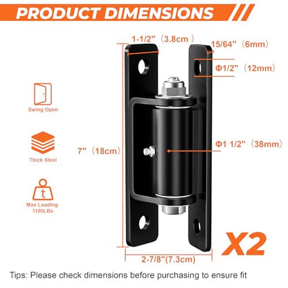 7" Heavy Duty Gate Hinges, 2 Pack High Strength Steel Wall Mount Gate Hinge 1100LBs Load Capacity, Black Gate Hinges for Metal Fence Farm Wood Gates