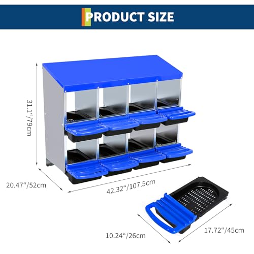 8-Hole Chicken Nesting Box, 2-Tier 8 Compartment Metal Roll Away Egg Laying Box with Lid & Legs, Easy Egg Collection, Galvanized Steel Rustproof Poultry Laying Boxes for Hens, Ducks, Farm, Yard - size: 8 holes-Blue
