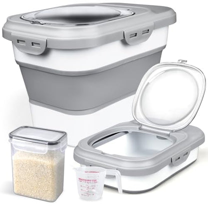 Komzon Rice Storage Container, Collapsible Airtight Food Storage Containers 6-20 Lbs, Rice Dispenser with Measuring Cup and Small Bin for Flour Cereal Pasta Grain, Cat Pet Dog Bird Food Container - color: Gray