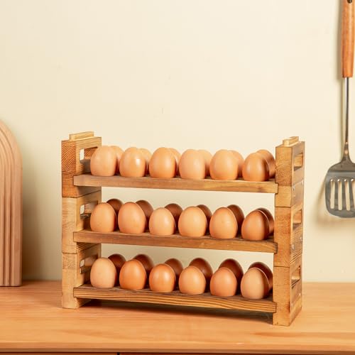 Egg Holder Countertop, 3-Tier Egg Storage for Countertop Organizer, Holds 36 Eggs, Wooden Egg Holder Fits Duck, Turkey, Chicken Eggs