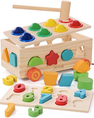 Shape Sorter - Wooden Pound A Ball and Montessori Number Puzzle Set for Babies - Educational Sorting Game with Storage Car for Toddlers - color: Hammer Ball