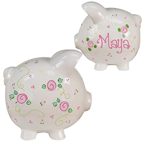 My Bambino Girl's Hand Painted Personalized Piggy Bank Large White piggybank Baby Gift (Pink Roses) - color: Pink Roses