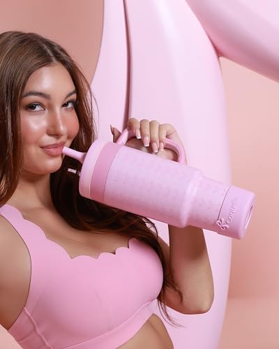 40 oz Insulated Tumbler with Handle and Push-Button Straw Lid, Stainless Steel Travel Cup for Gym Office, Leakproof, BPA-Free, Cup Holder Friendly, Bow Silicone Boot, Pink (Coquette Candy) - color: Coquette Candy