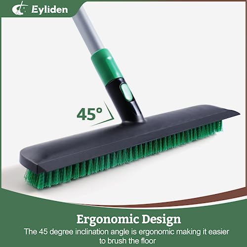 Eyliden Floor Scrub Brush, 15-inch Wide, 55" Long Handle Deck Brush | 2-in-1 Stiff Bristles and Rubber Squeegee, 45° Angle Head, Telescoping Handle, for Bathroom Shower Kitchen Patio Garage
