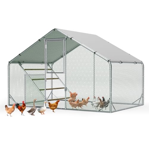Sannwsg Large Metal Chicken Coop with Run, Walk in Chicken Pen with Waterproof Cover, Secure Lock, Heavy Duty Poultry Cage with Feeding Door for Outdoor Farm Use（6.5x10 FT - size: 118.0"L x 78.0"W x 79.0"H