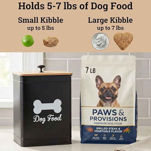 Dog Food Container Airtight Bamboo Lid 5-7 lb, 25 Cups, Sturdy Metal Handle | Pet Jar For Dogs up to 50lbs, Airtight Bamboo Lid, Sturdy Comfortable Metal Handle, Powder Coated Iron, Kibble Storage Bin - color: Black