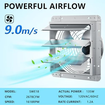 18 Inch Shutter Exhaust Fan, Aluminum Wall Mounted Exhaust Fan, 2678 CFM High Speed Automatic Shutter Attic Fan, Vent Fan For Greenhouse,Shed,Shop,Garage - size: 18 Inch