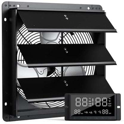 12" Wall Mounted Shutter Exhaust Fan, Attic Fan with Thermostat Humidity Controller, 10-Speed Adjustable, 940 CFM, Automatic Shutter, Vent Fan for Greenhouses, Garages,Shop, Chicken Coops