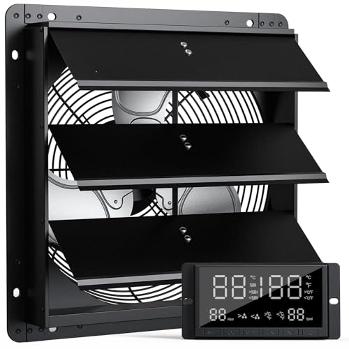 12" Wall Mounted Shutter Exhaust Fan, Attic Fan with Thermostat Humidity Controller, 10-Speed Adjustable, 940 CFM, Automatic Shutter, Vent Fan for Greenhouses, Garages,Shop, Chicken Coops