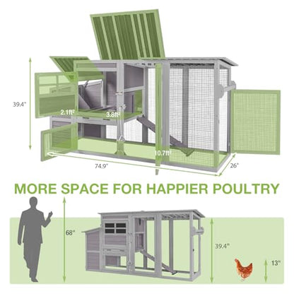 GUTINNEEN Large Mobile Chicken Coop with Run, Wooden Outdoor Hen House with Wheels & Handle, Weatherproof Roof, Nesting Box, Pull-Out Tray, Secure Lock for Outdoor Chickens Ducks - size: 74.9"L x 26.0"W x 39.4"H