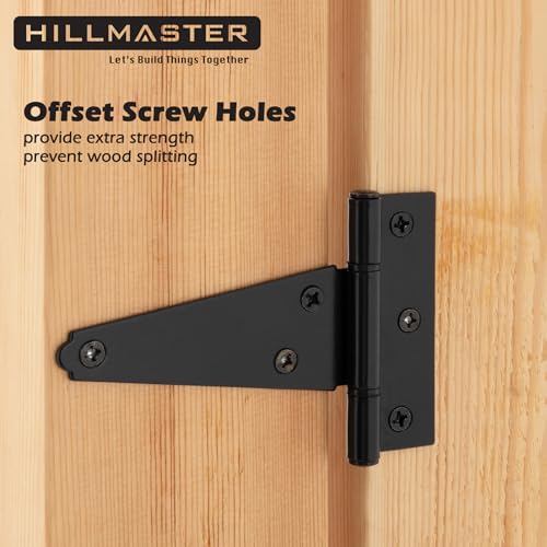 HILLMASTER 4 Inch T-Strap Hinges Heavy Duty Shed Door Hinges Gate Strap Hinges Black Tee Hinge Wrought Gate Hardware Small T Hinges for Wooden Fences,Shutter,Window,Barn,Outdoor Rustproof(6 Pack) - size: 4in 6Pack