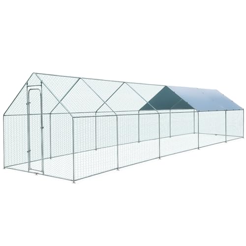 Extra Large Metal Chicken Coop for 50-55 Chickens, Walk-in Chicken Run, Chicken Pen Outdoor W/Cover, Waterproof & Anti-UV, 32.8' D x 9.8' W x 6.4' H, Wire Mesh Poultry Cage for Yard #LYJL10JD-US - size: 393.7"L x 118.1"W x 76.8"H, style: Spire Roof
