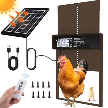 Automatic Chicken Coop Door - Auto Chicken Coop Door with Timer, Sensor, & Remote Control - Smart Poultry Door Opener with Durable Construction - Chicken Coop Supplies & Accessories - Brown