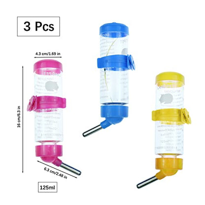 3 Pack Hamster Water Feeder Bottle, 125 ml No-Drip Small Animals Water Dispenser, Pet Hanging Water Bottle for Guinea Pigs, Bunny, Chinchillas, Rabbit