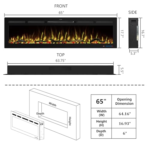 65" WiFi Electric Fireplace Inserts, Recessed and Wall Mounted Fireplace Heater W/Adjustable Flame Color & Brightness, Thermostat, 9H Timer, App and Remote Control, Low Noise, 750/1500W - size: 65" WiFi