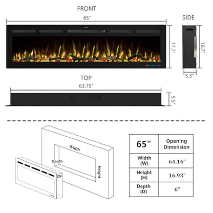 65" WiFi Electric Fireplace Inserts, Recessed and Wall Mounted Fireplace Heater W/Adjustable Flame Color & Brightness, Thermostat, 9H Timer, App and Remote Control, Low Noise, 750/1500W - size: 65" WiFi