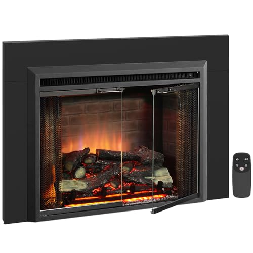 PuraFlame Klaus 30” Electric Fireplace Insert with Trim Kit, Fire Crackling Sound, Resin Log, Glass Door and Mesh Screen, 750/1500W Heater, Black - size: 30" with Trim