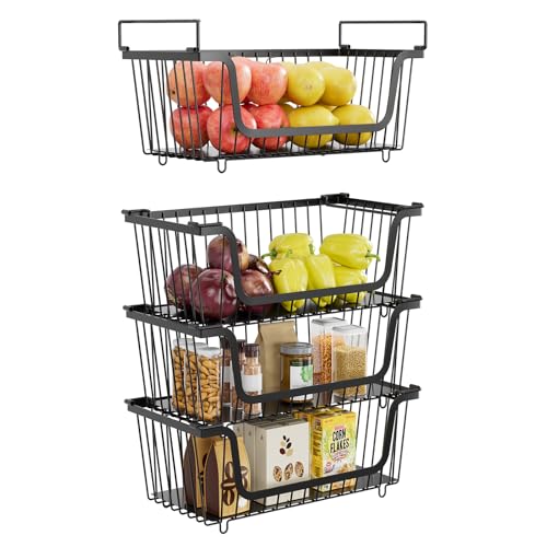 4 Pcs Stackable Wire Baskets for Pantry Organizers and Storage,Kitchen Storage Metal Baskets,Produce Potato Onion Storage Bin,Vegetable Fruit Basket for Countertop,Black - color: Black