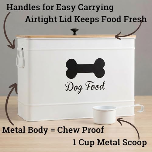 Dog Food Container Airtight 15-20 lb (70 Cup) Capacity with Metal Scoop - Cute Airtight Dog Food Storage Container with Bamboo Lid - White Metal Kibble Storage Bin for Dogs up to 100 lbs - Big Pet Jar - color: White