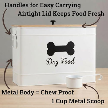 Dog Food Container Airtight 15-20 lb (70 Cup) Capacity with Metal Scoop - Cute Airtight Dog Food Storage Container with Bamboo Lid - White Metal Kibble Storage Bin for Dogs up to 100 lbs - Big Pet Jar - color: White