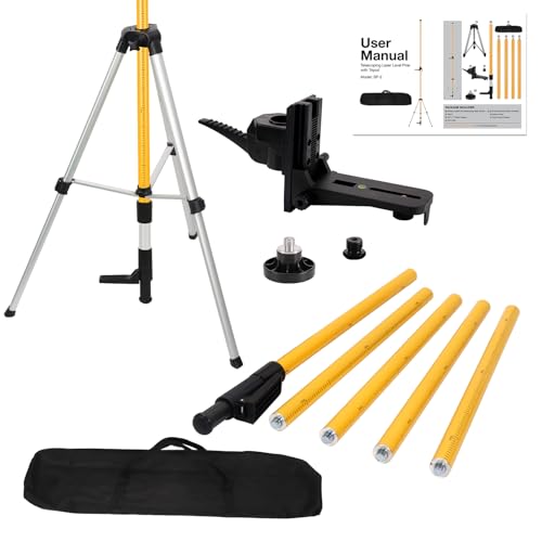 12Ft Telescoping Laser Level Pole with Tripod - Adjustable Laser Stand with Dual Thread Adapter (1/4"-20 & 5/8"-11) for Rotary and Line Lasers, Includes Carrying Case & Bubble Level(Yellow) - color: Yellow