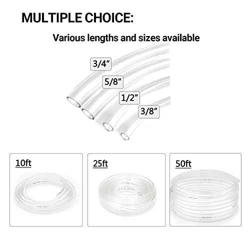 Clear Vinyl Tubing 5/8" ID × 13/16" OD -25 Ft 60PSI,Flexible Plastic Tube,BPA Free Non-Toxic, Multipurpose Hybrid Clear Reinforced Tubing with 2 Screw Clamps - size: 5/8'', style: 25 feet