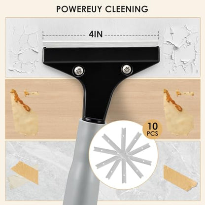 Heavy-Duty Floor Scraper, 4-Inch Razor Blade Scraper Tool, 36-Inch Long Handle, Includes 10 Extra Metal Blades, Paint Scraper for Cleaning Wall, Glass, Adhesives, Chewing Gum, Ceiling - size: 36in