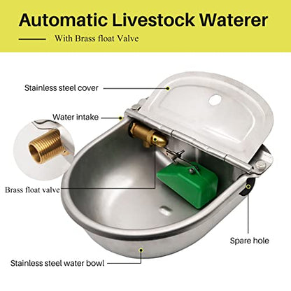 Automatic Waterer Feeder Dog Water Bowl Dispenser Drinking Trough | Stainless Steel Bowl, With Brass Float Valve, Self Filling, For Farm Animal Large Dog & Chicken & Poultry & Livestock & Horse