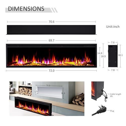 LegendFlame 72" W Smart Wall Mount & in Wall Recessed Electric Fireplace Insert, Heater 750W/1500W, Multi Colors of Flame & Fuel Bed, Alexa/Google Assistant Enabled - size: 72" DEEP