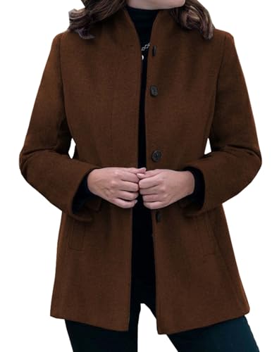 LIZALIG Women's Stand Collar Pea Coat Winter Long Sleeve Wool Blend Short Jackets Single Breasted Blazer Coat Outwear - color: Brown, size: Large