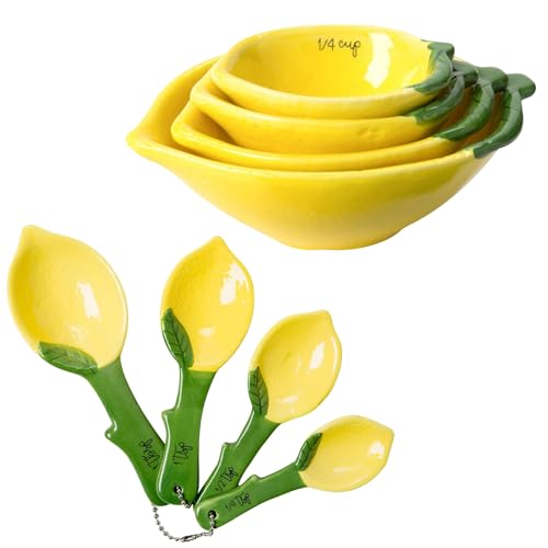 Lemon Shaped Measuring Cups and Spoon Set, Ceramic Kitchen Tools for Bakers, 4 Measuring Cups and 4 Measuring Spoons, Fresh Citrus Decor, Novelty Lemon Accessories, Unique Gift for Kitchen - color: Lemon Measuring Cups & Spoons Set