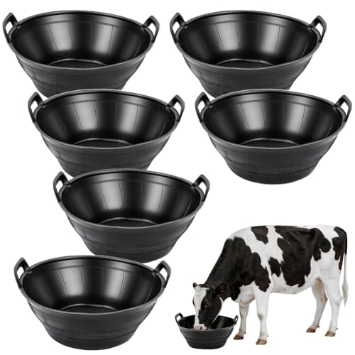6Pcs Large Rubber Feeder Pan, 3 Gallon Horse Feed Bucket Water Bowl, Heavy Duty Horses Feed Bucket Dog Bowl Horse Feeder Pan for Cats Dogs Goats Chicken Dust Bath Container Farm Animal Feeding