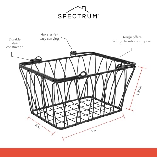 Spectrum Small Wire Basket with Handles Black Farmhouse Basket Organizer for Kitchen Bathroom Laundry Pantry Shelf Organization, Sturdy Twist Wire Metal Basket with Handle for Gifts or Storage - size: Small