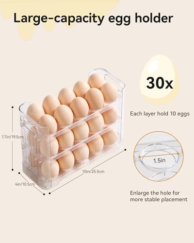 3-Tier Egg Holder, Holds 30 Eggs with Lift-Up Layers & Date Tracker, Multi-Use egg Organizer with Handle for Countertop, Pantry, Refrigerator, Clear