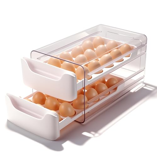36-Egg-Holder for Fridge, Egg-Storage for Refrigerator Countertop, 2 Tier Dispenser with Drawer, Stackable Clear Egg Tray Container, Egg Organizer, Fits Large Eggs, White - size: 2 Tier-White