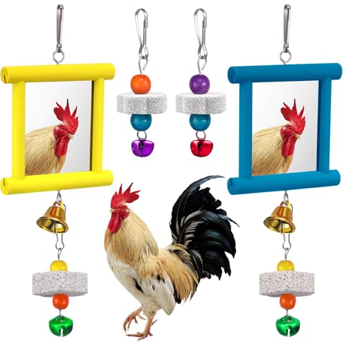 Sumind 2 Pieces Chicken Mirror Toys Hanging Swing Mirror with Bell Wooden Pecking Toy and 4 Pieces Beak Grinding Molar Stones for Hens Birds Parrots(Blue, Yellow) - color: Blue, Yellow