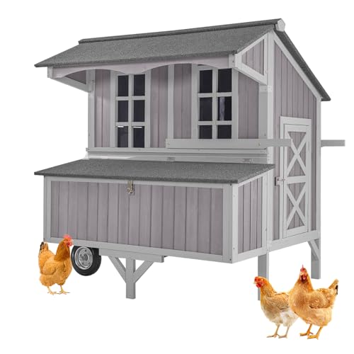 Large Chicken Coop with Wheels for 4-6 Chickens, Mobile Outdoor Chicken House with 3 Nesting Boxes & Roosts, Heavy Duty Reinforced Frame, Waterproof Roof, Pull-Out Tray, Wooden Poultry Cage