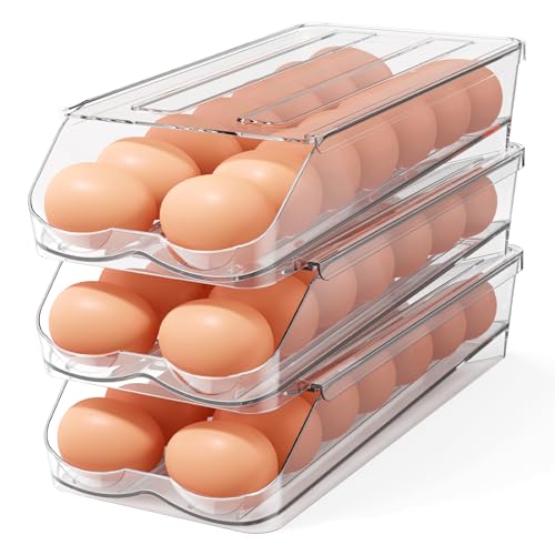 Egg Holder for Fridge,Automatic Rolling Egg Container for Refrigerator,Clear Stackable Egg Organizer with Removable Lid for Fridge Organizers and Storage,3 pack - size: Pack of 3