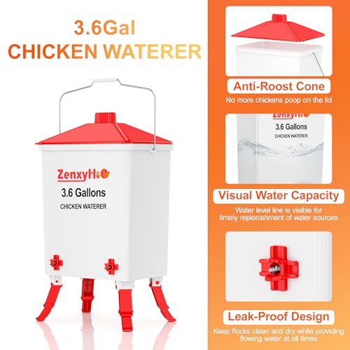 ZenxyHoC 3.6 Gal Chicken Waterer with Anti-Roost Cone, 3 Height Adjustable Locking Legs and 4 Horizontal Nipples for Backyard Flock - style: Waterer with Nipples