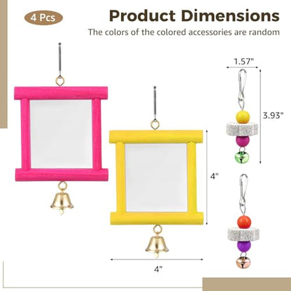 4 Pcs Chicken Toy Set, Colorful Acrylic Mirror with Wooden Frame, Hanging Bells, Beads, Beak Grinding Stone, Interactive Fun for Coop, Stimulates Pecking and Play
